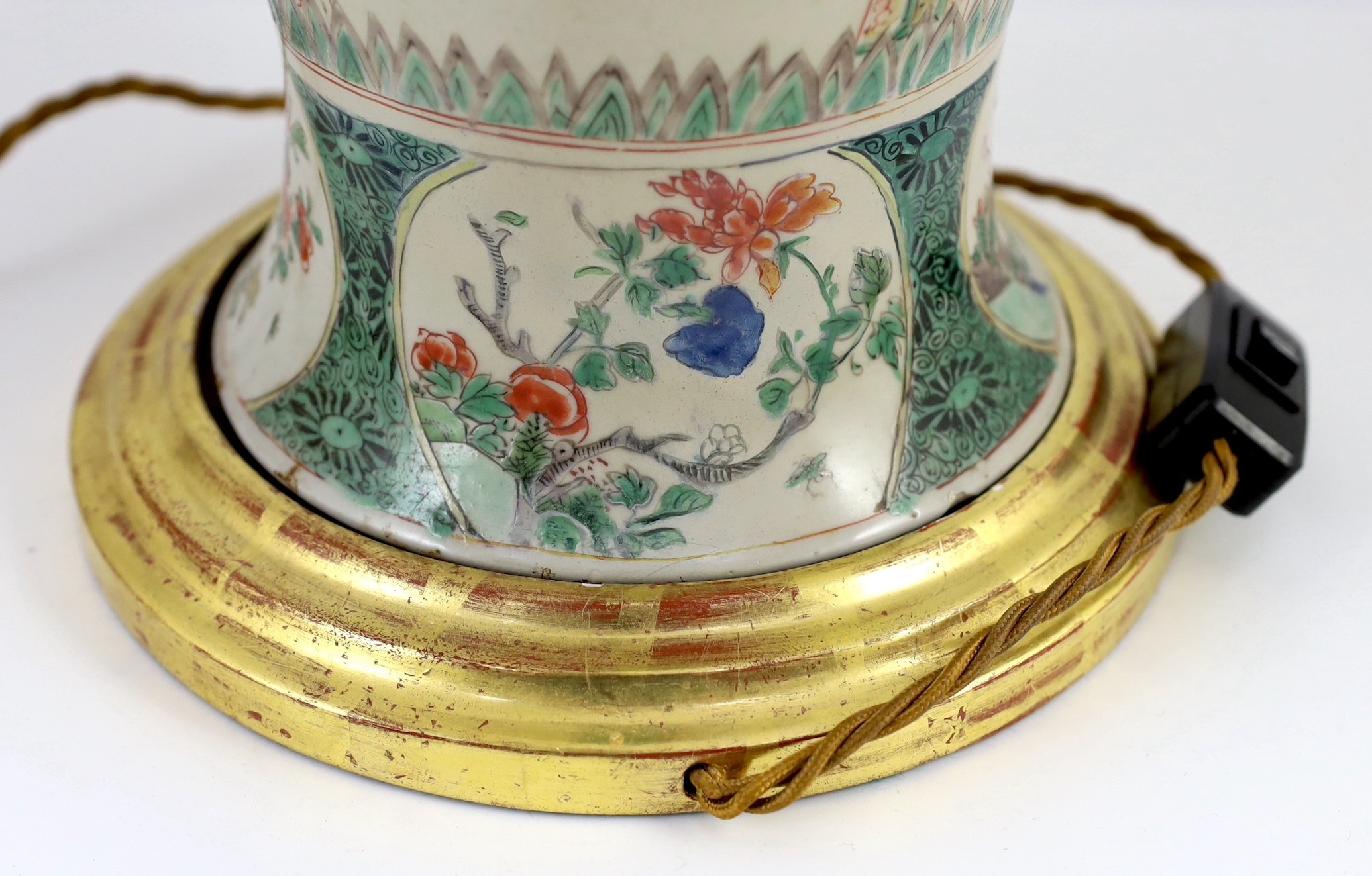 A Chinese famille verte baluster ‘Four Beauties’ baluster vase, Kangxi period, vase 42cm high, lower third restored, base lacking and mounted as a lamp, total height 53cm